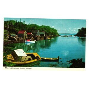 Vintage Maine Fishing Village Landscape Postcard Scenic Coastal Print Water